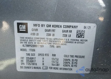 2021 Chevrolet Trailblazer Fwd Lt from USA, damaged, VIN KL79MPS28MB177924